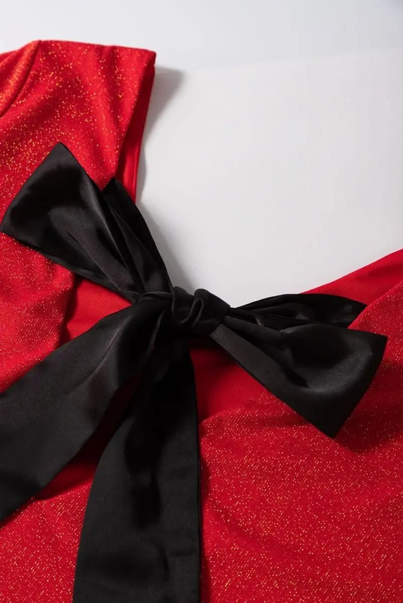 Racing Red Metallic Bowknot Open Back V Neck Top - Love Salve